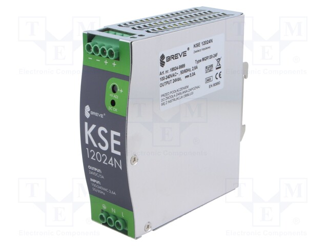 Power supply: switched-mode; for DIN rail; 120W; 24VDC; 5A; IP20