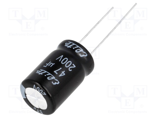 Capacitor: electrolytic; THT; 47uF; 200VDC; Ø12.5x20mm; Pitch: 5mm