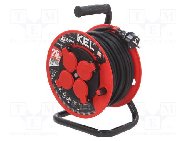 Extension lead; reel,with non-rotating sockets; Sockets: 4; 25m