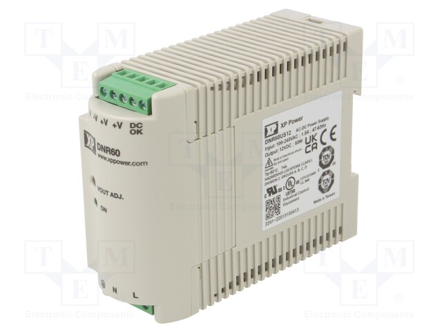 AC/DC DIN Rail Power Supply (PSU), ITE, 1 Output, 60 W, 12 VDC, 5 A