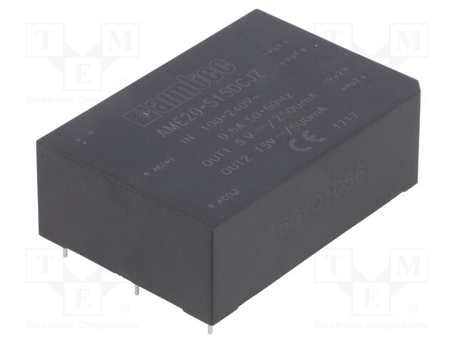 Converter: AC/DC; 20W; Uout: 5VDC; Iout: 2.5A; 76%; Mounting: PCB