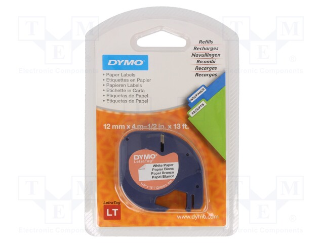 Tape; Width: 12mm; Colour: white; L: 4m; Works with: DYMO.LT100H