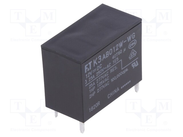Relay: electromagnetic; SPST-NO; Ucoil: 12VDC; 25A; Mounting: PCB