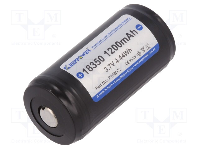 Re-battery: Li-Ion; 18350; 3.7V; 1100mAh; Ø18.6x39mm; 8A