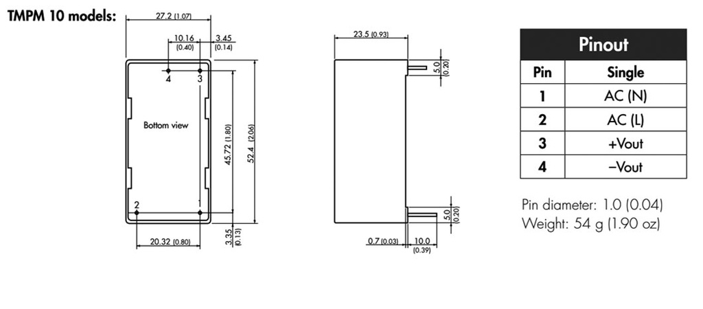 Converter: AC/DC; 10W; Uout: 15VDC; Iout: 667mA; 75%; Mounting: PCB