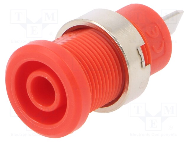 Socket; 4mm banana; 36A; 1kV; red; nickel plated; on panel,screw