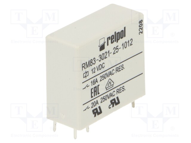 Relay: electromagnetic; SPST-NO; Ucoil: 12VDC; 16A/250VAC; 16A