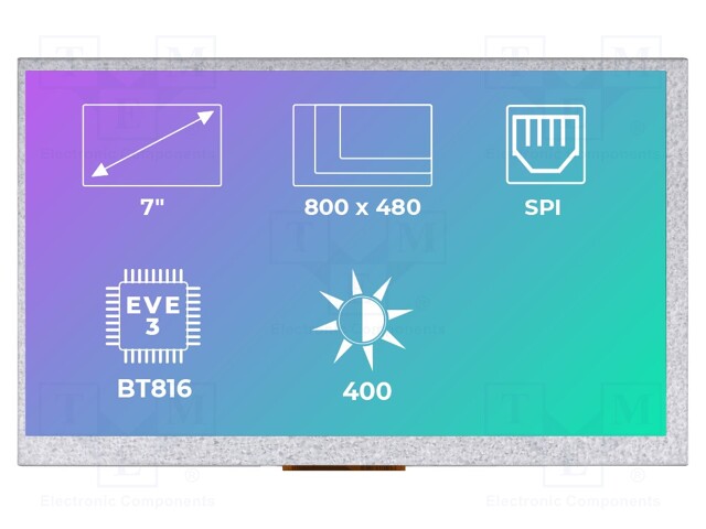 Display: TFT; 7"; 800x480; Illumin: LED; Dim: 164.8x99.8x9.5mm