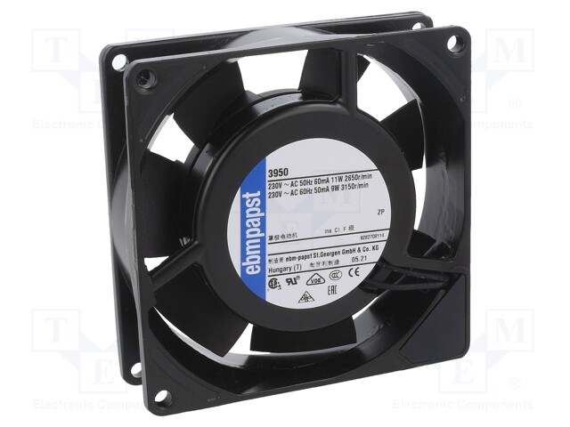 Fan: AC; axial; 230VAC; 92x92x25.4mm; 59m3/h; 35dBA; slide bearing