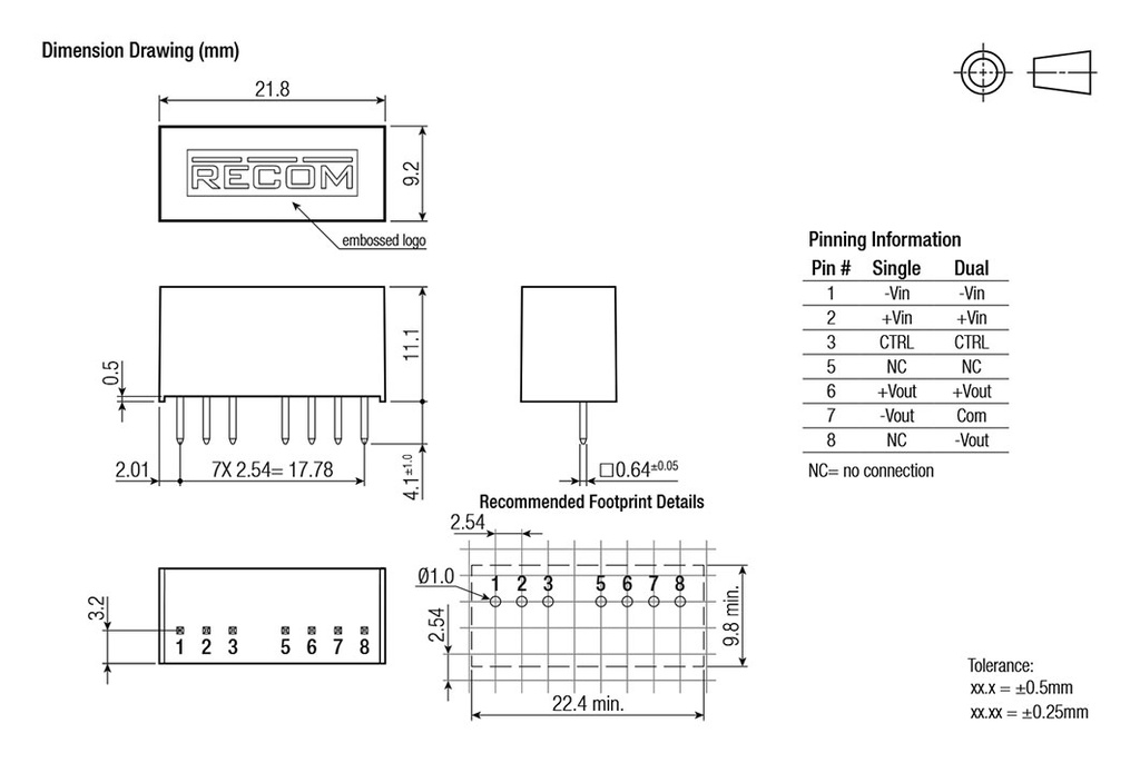 Converter: DC/DC; 3W; Uin: 4.5÷9V; Uout: 24VDC; Uout2: -24VDC; SIP8