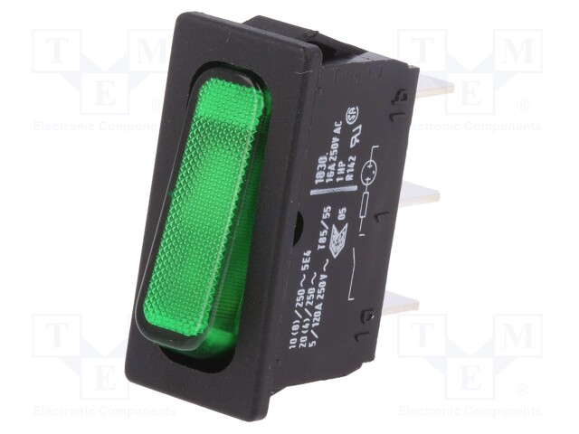 ROCKER; SPST; Pos: 2; OFF-ON; 20A/250VAC; green; IP40; 100mΩ