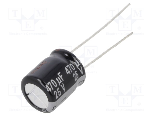 Capacitor: electrolytic; THT; 470uF; 25VDC; Ø10x12.5mm; Pitch: 5mm