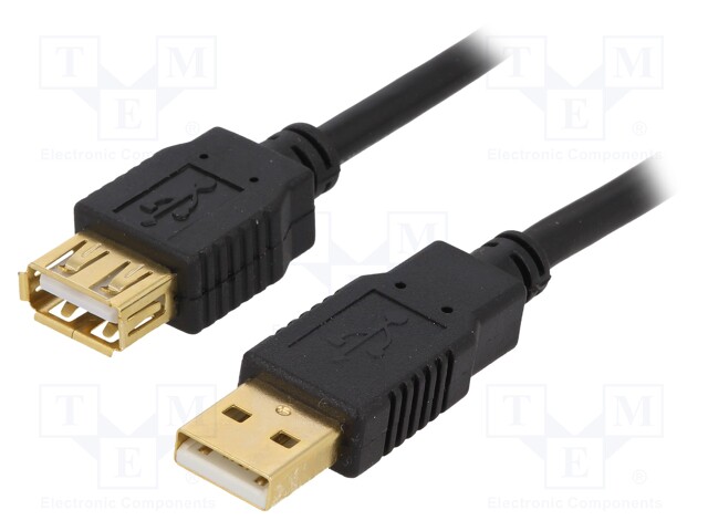 Cable; USB 2.0; USB A socket,USB A plug; gold-plated; 3m; black