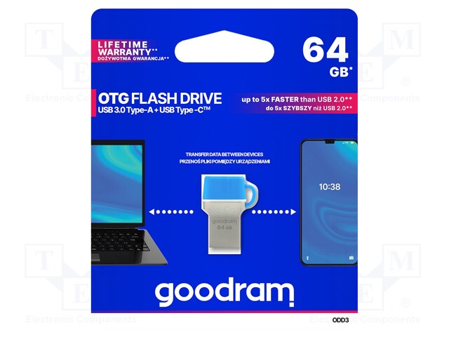 Pendrive; USB 3.0; 64GB; Read: 35MB/s; Write: 10MB/s; Colour: blue