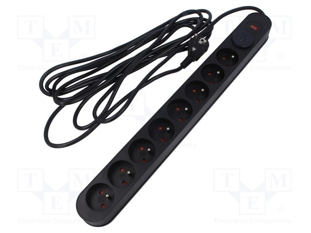 Plug socket strip: protective; Sockets: 8; 230VAC; 10A; black; 3m