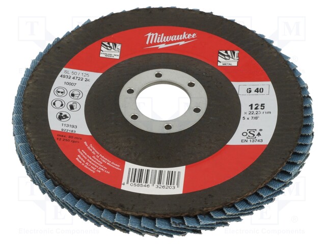 Flap grinding wheels; Ø: 125mm; Øhole: 22.2mm; Granularity: 40