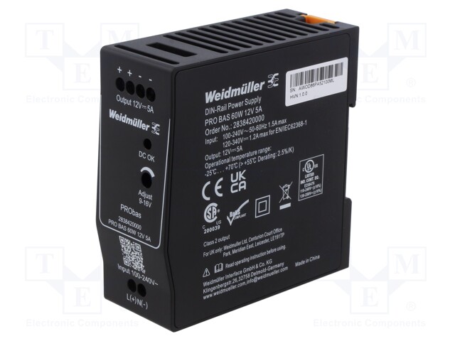 Power supply: switched-mode; for DIN rail; 60W; 12VDC; 5A; 259g