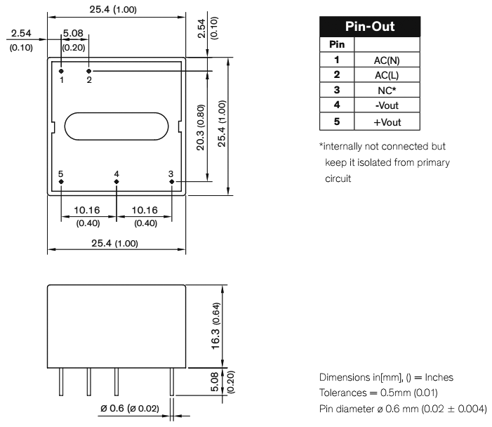 Converter: AC/DC; 5W; Uout: 15VDC; Iout: 333mA; 83%; Mounting: PCB