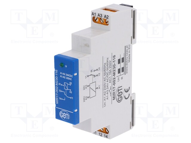 Relay: installation; NC + NO; Usup: 230VAC; Mounting: DIN; -20÷45°C