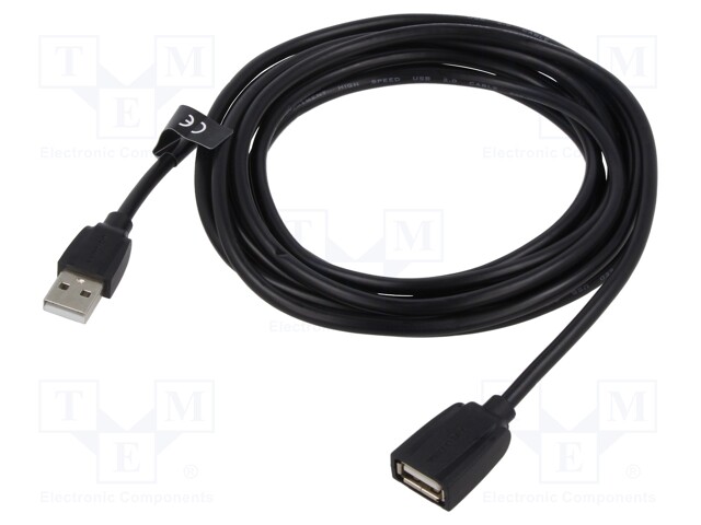 Cable; USB 2.0; USB A socket,USB A plug; nickel plated; 3m; black