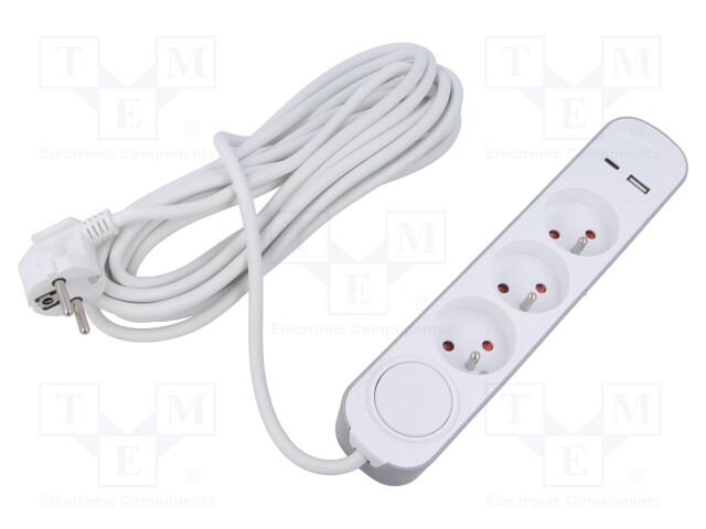 Extension lead; 3x1mm2; Sockets: 5; PVC; white; 3m; 13A