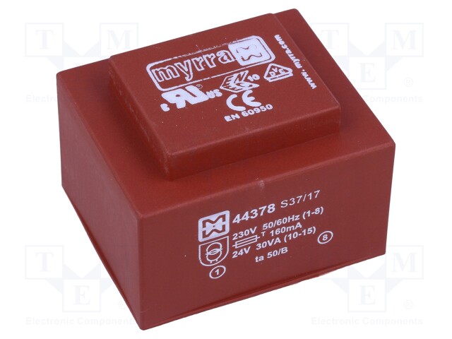 Transformer: encapsulated; 30VA; 230VAC; 24V; 1.25A; Mounting: PCB