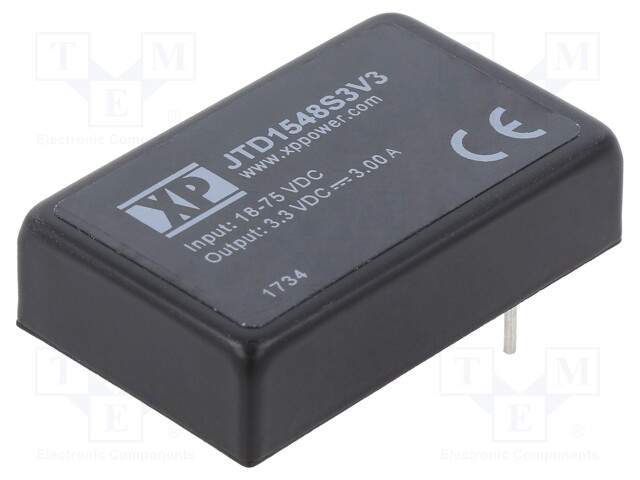 Isolated Board Mount DC/DC Converter, ITE, 1 Output, 15 W, 3.3 V, 3 A