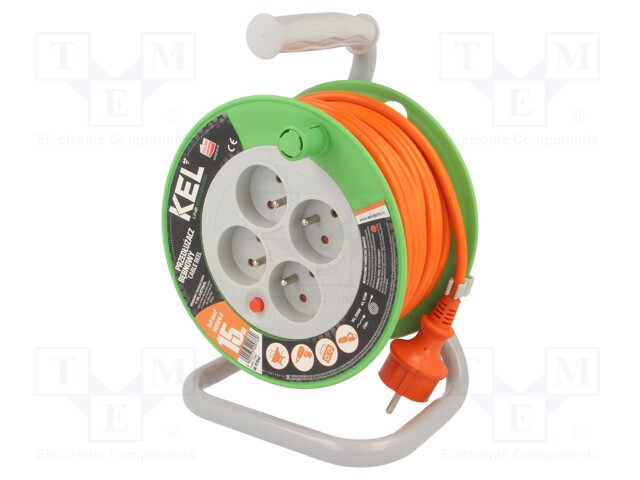 Extension lead; reel; Sockets: 4; PVC; orange; 3x1mm2; 15m; 10A