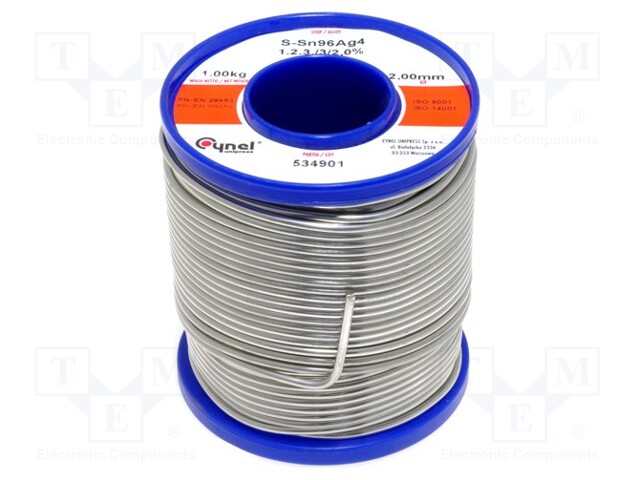 Soldering wire; Sn96,3Ag3,7; 2mm; 1kg; lead free; Package: reel