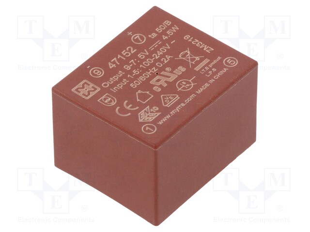 Converter: AC/DC; 4.5W; Uout: 5VDC; Iout: 900mA; 68%; Mounting: PCB