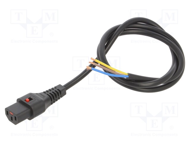 Cable; IEC C13 female,wires; 1m; with IEC LOCK locking; black