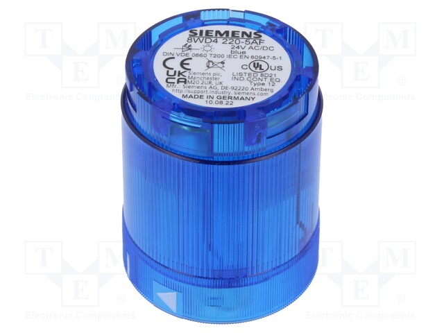 Visual Signal Indicator, Blue, Continuous, 24 VDC, 24 VAC, IP54, 50 mm Dia, 67 mm Height