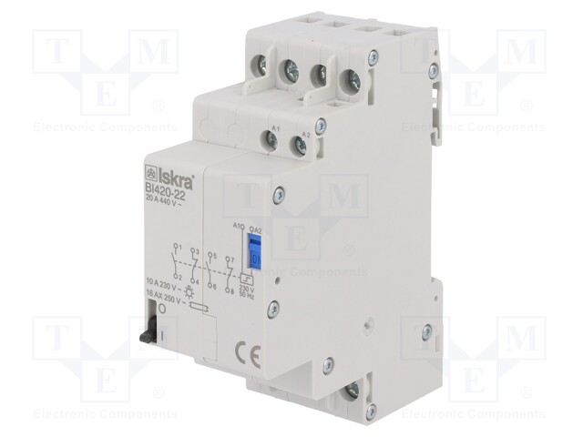 Relay: installation; bistable; NC x2 + NO x2; Ucoil: 230VAC; 20A