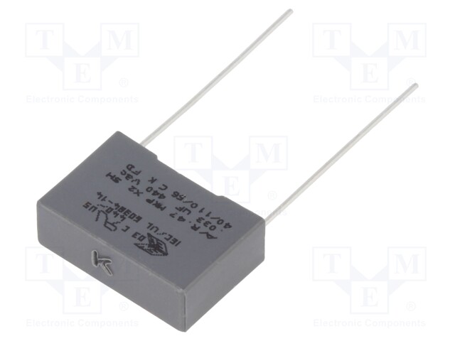 Capacitor: polypropylene; X2; 33nF; 15mm; ±10%; 18x6x12mm; 440VAC