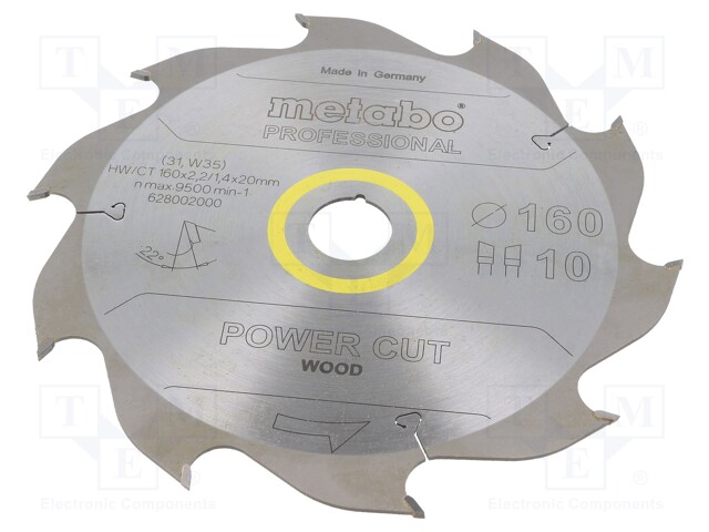 Circular saw; Ø: 160mm; Øhole: 20mm; W: 2.2mm; Teeth: 10; Mat: HW/CT