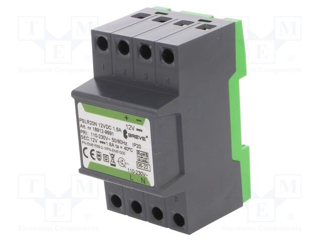 Power supply: switched-mode; 20W; 12VDC; 1.6A; 110÷230VAC; 300g