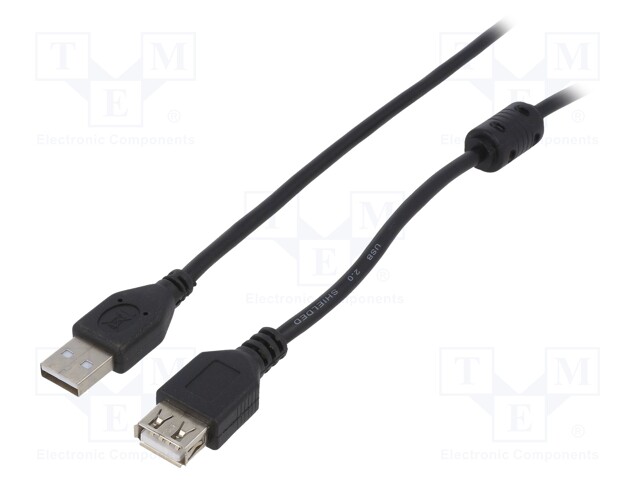 Cable; USB 2.0; USB A socket,USB A plug; gold-plated; 3m; black