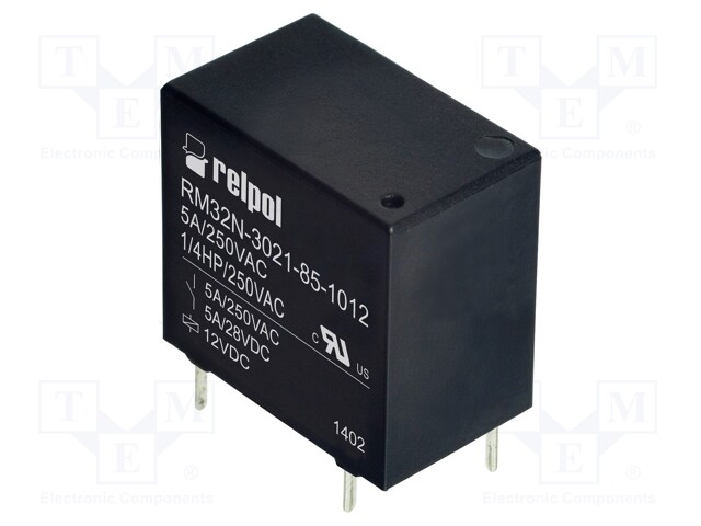 Relay: electromagnetic; SPST-NO; Ucoil: 12VDC; 5A/250VAC; 5A/28VDC