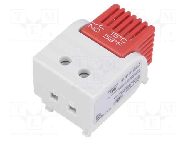 Sensor: thermostat; Topen: 15°C; Tclos: 5°C; Contacts: NC; 5A; 250VAC