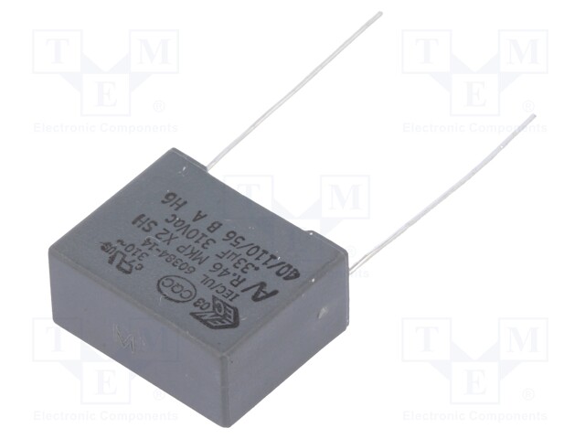 Capacitor: polypropylene; X2; 330nF; 15mm; ±20%; 18x8.5x14.5mm