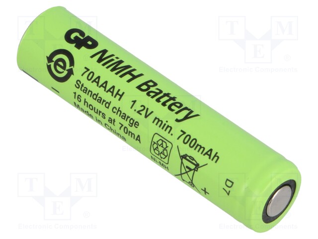 Re-battery: Ni-MH; AAA,R3; 1.2V; 700mAh; Ø10.5x43.7mm; 70mA