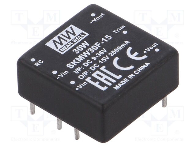 Converter: DC/DC; 30W; Uin: 9÷36V; 15VDC; Iout: 0÷2000mA; 1"x1",DIP