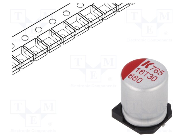 Polymer Aluminium Electrolytic Capacitor, 680 µF, 16 V, Radial Can - SMD, A765 Series, 0.018 ohm