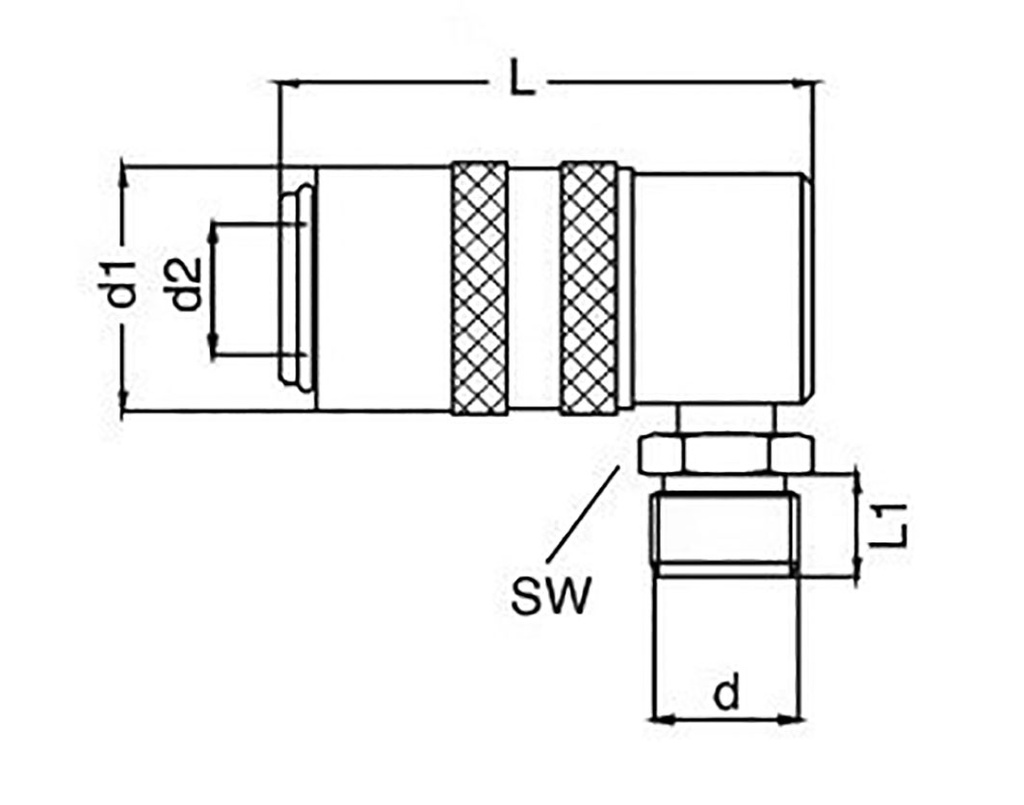 Quick connection coupling; angled 90°,with valve; 10bar; L: 42mm