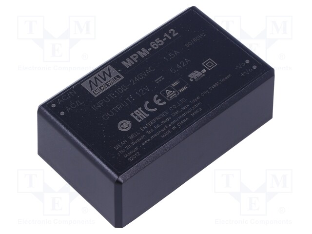 Power supply: switched-mode; modular; 65W; 12VDC; 87x52x29.5mm