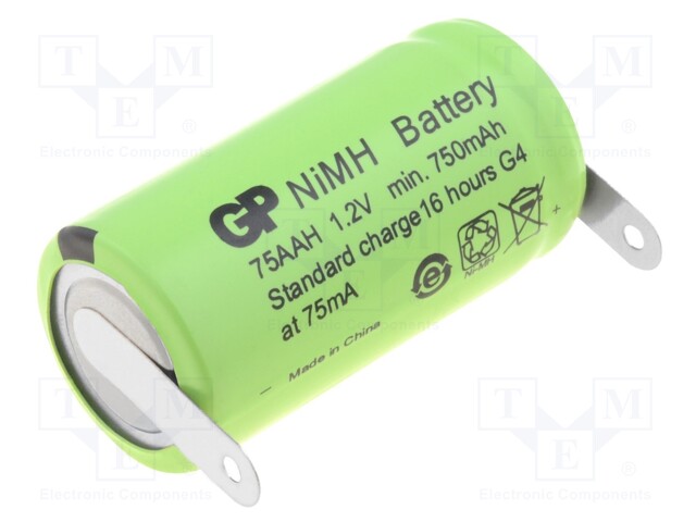 Re-battery: Ni-MH; 2/3AA,2/3R6; 1.2V; 750mAh; Ø14.5x28.7mm; 750mA