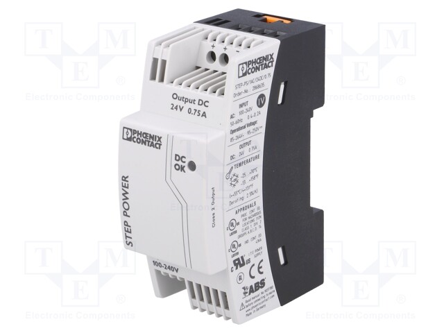 Power supply: switched-mode; 18W; 24VDC; Mounting: DIN; 0.75A