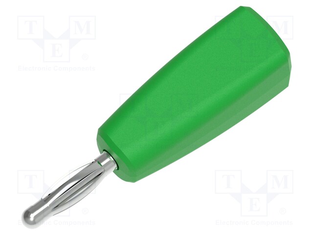 Plug; 2mm banana; 10A; 30VAC; 60VDC; green; nickel plated