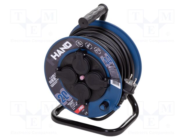 Extension lead; 3x1.5mm2; reel; Sockets: 4; rubber; black; 20m; 16A