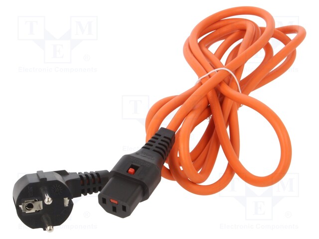 Cable; CEE 7/7 (E/F) plug angled,IEC C13 female; 3m; orange; 10A